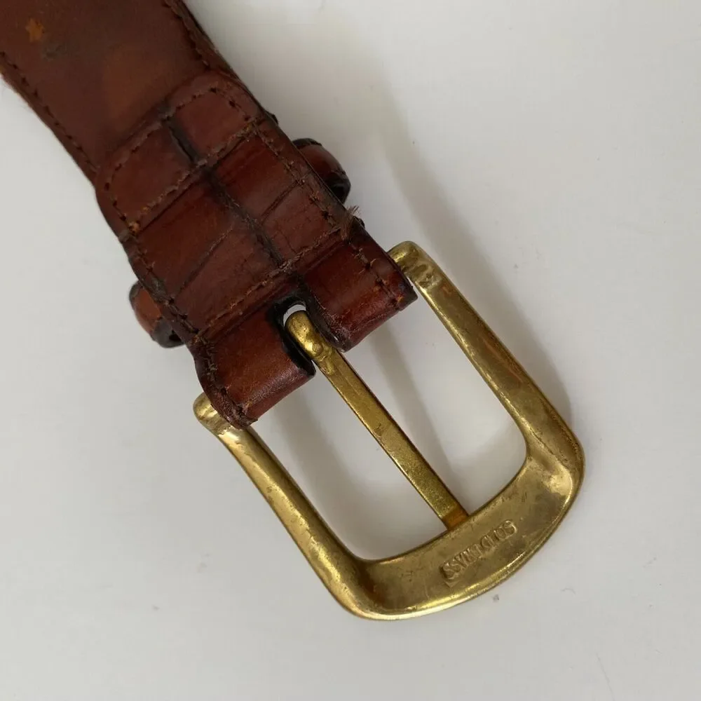 Men's Belt Burgundy Red Classic Canvas & Brown Leather Siz 34 Solid Brass Buckle